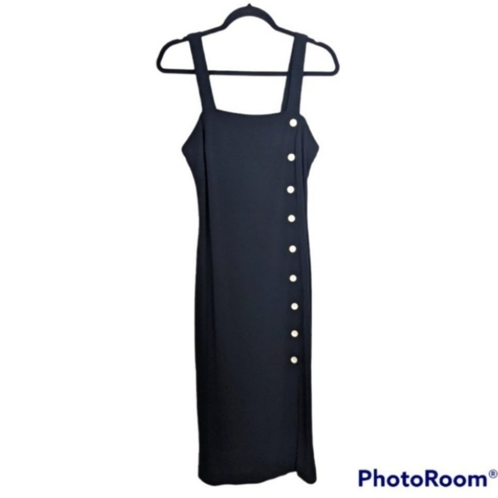 Vintage Joseph Ribkoff Black Knit Button Detail Side Slit  Midi Dress sz Medium